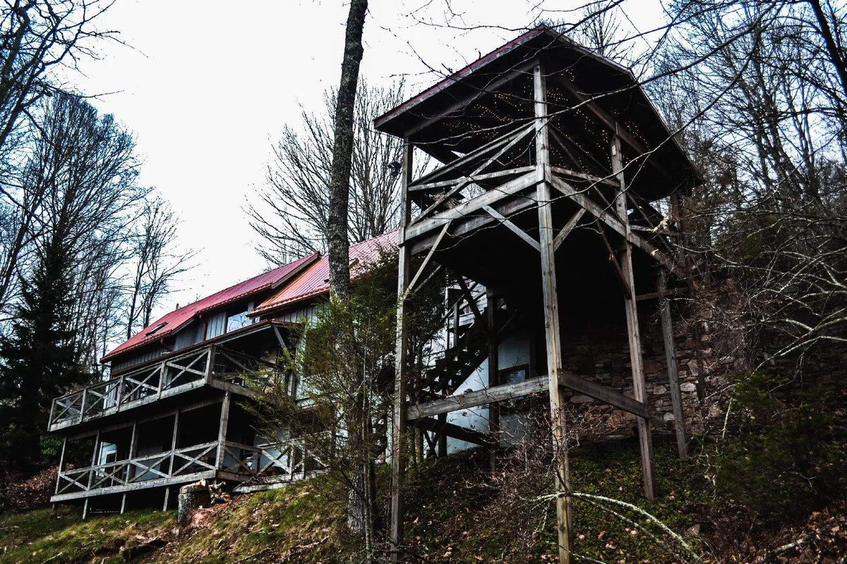 The hero image showcases a charming, handcrafted wooden cabin with a striking red roof nestled among lush, mature trees. The cabin sits on a gentle slope, offering expansive mountain views and a peaceful, secluded atmosphere. Multi-level decks invite relaxation, while the surrounding forest hints at endless outdoor adventures like hiking and birdwatching. The home's weathered wood and artisan details blend harmoniously with the tranquil Blue Ridge landscape.